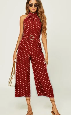 High Neck Jumpsuit In Red Polka Dot