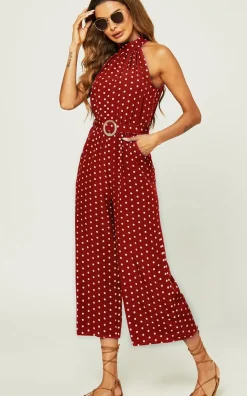 High Neck Jumpsuit In Red Polka Dot
