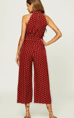 High Neck Jumpsuit In Red Polka Dot