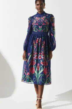 High Neck Lace Trim Organza Midi Dress