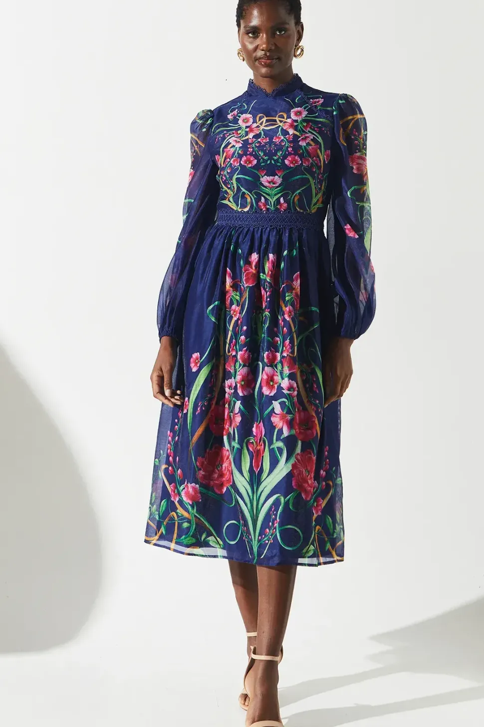 High Neck Lace Trim Organza Midi Dress