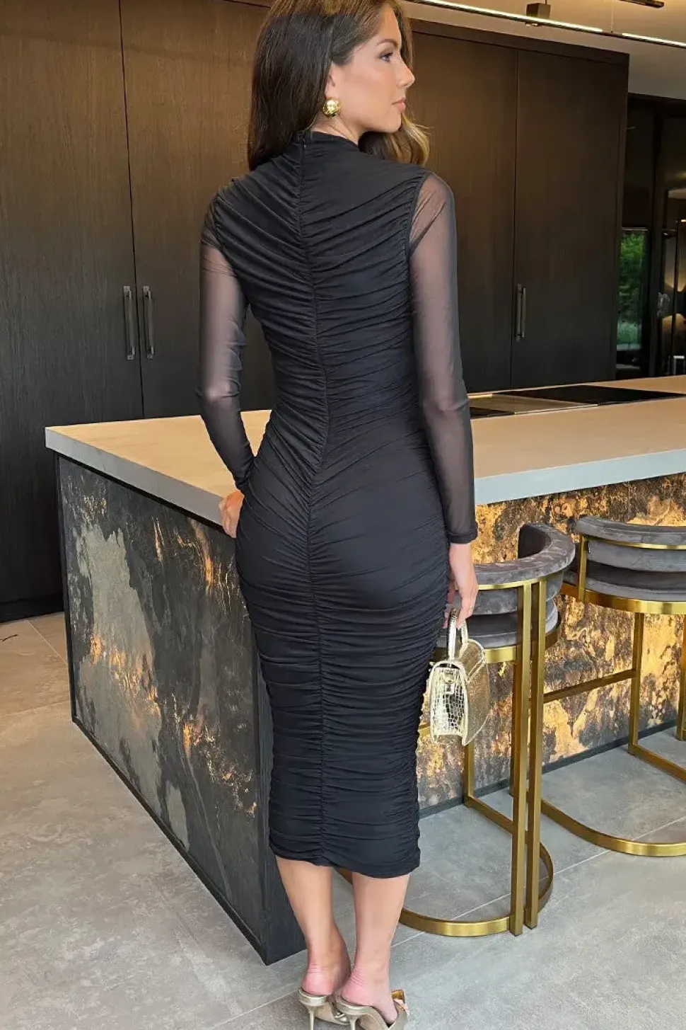 High Neck Long Sleeve Ruched Bodycon Mesh Midi Dress