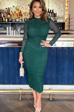 High Neck Long Sleeve Ruched Bodycon Mesh Midi Dress