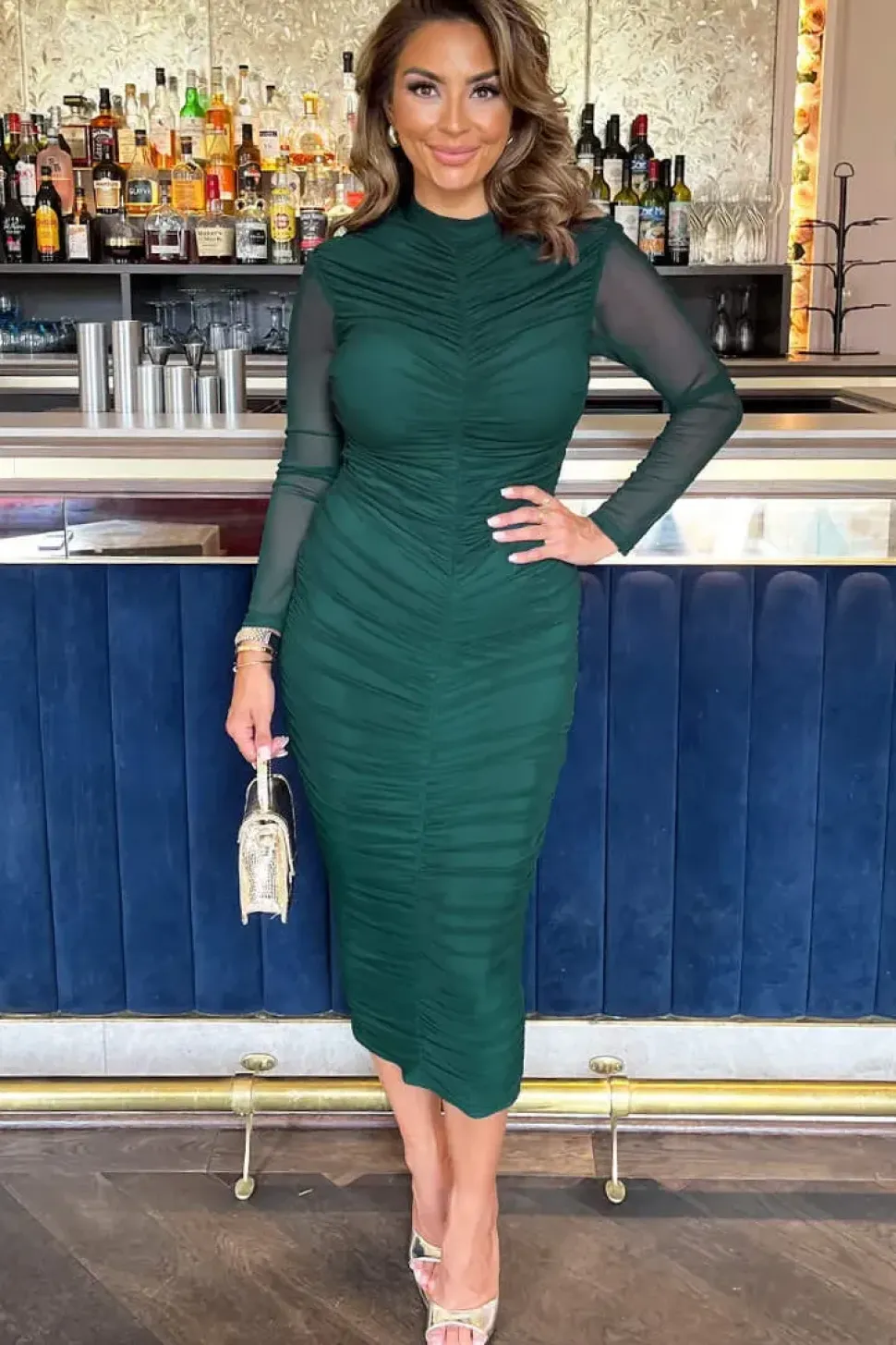 High Neck Long Sleeve Ruched Bodycon Mesh Midi Dress