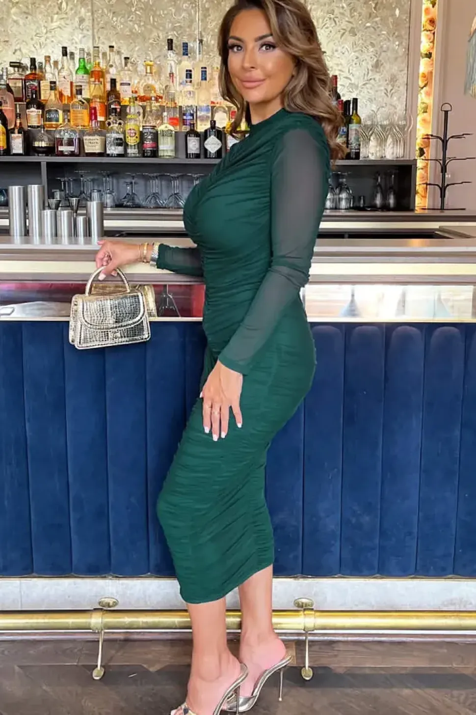 High Neck Long Sleeve Ruched Bodycon Mesh Midi Dress