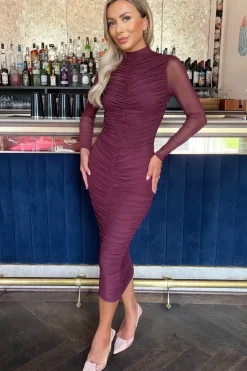 High Neck Long Sleeve Ruched Bodycon Mesh Midi Dress