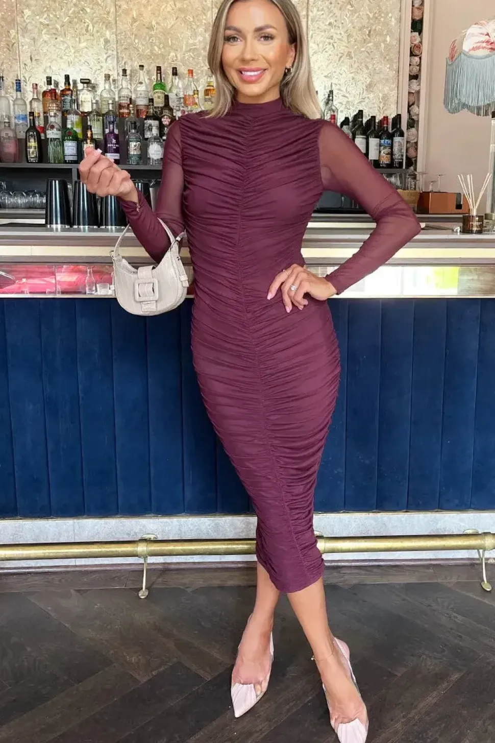 High Neck Long Sleeve Ruched Bodycon Mesh Midi Dress