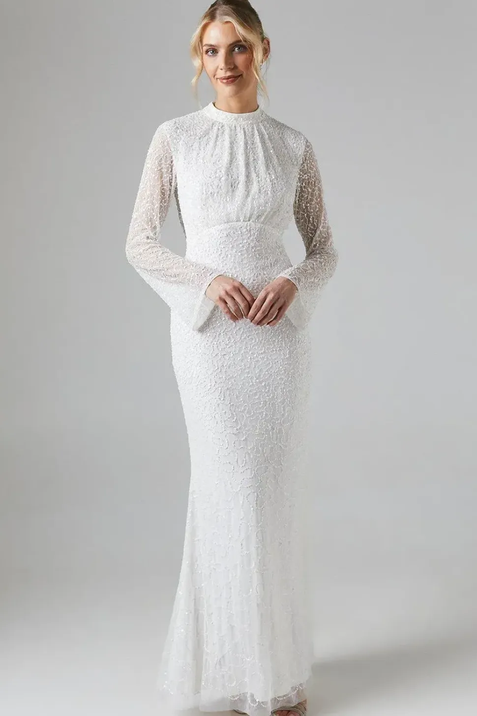 High Neck Long Sleeve Sequin Embellished Cowl Back Wedding Dress