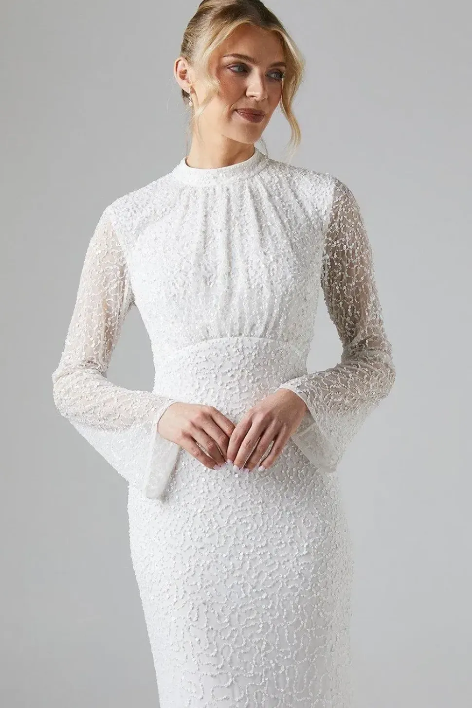 High Neck Long Sleeve Sequin Embellished Cowl Back Wedding Dress