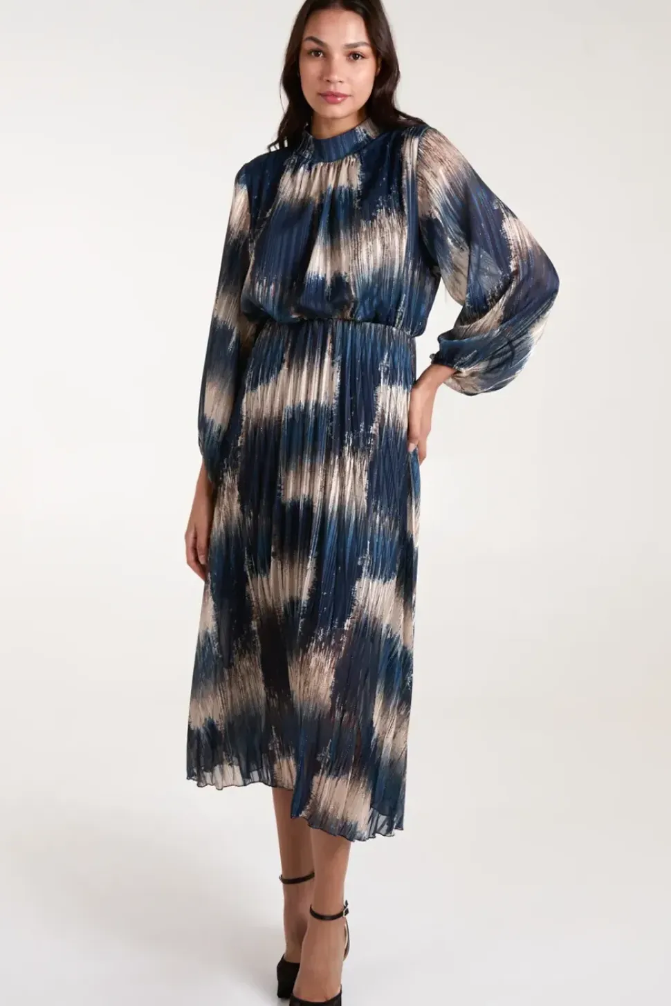 High Neck Metallic Pleated Dress