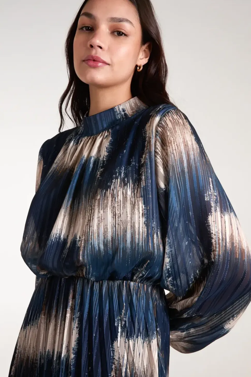 High Neck Metallic Pleated Dress