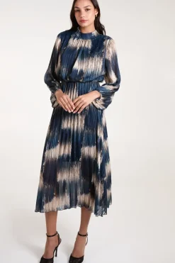 High Neck Metallic Pleated Dress