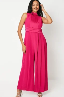 High Neck Pleated Belted Jumpsuit