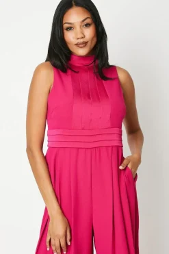 High Neck Pleated Belted Jumpsuit