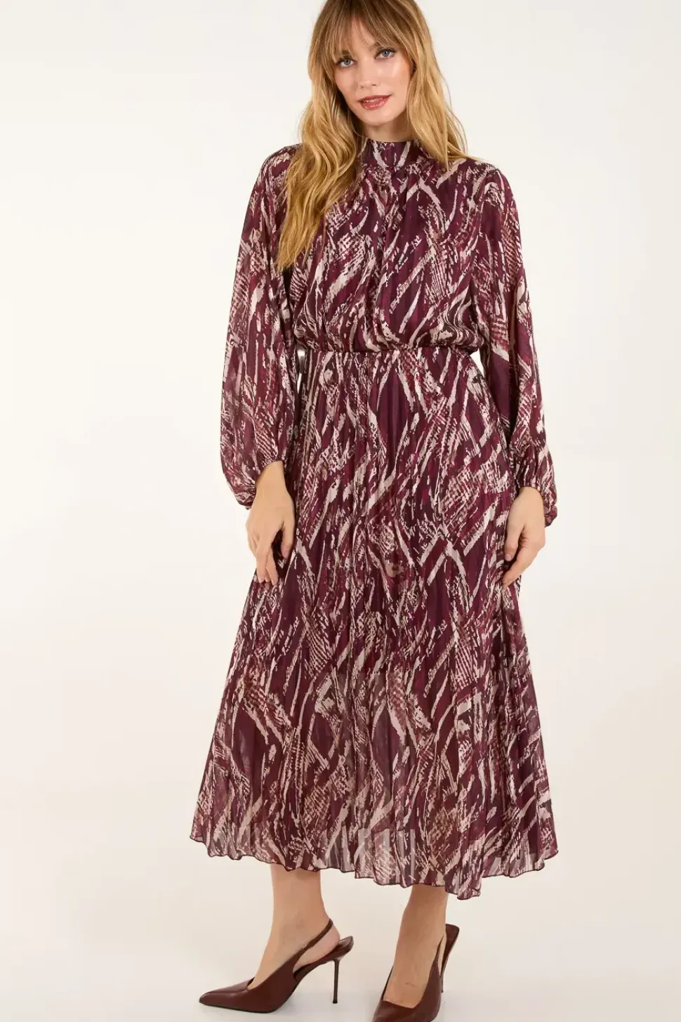 High Neck Pleated Digital Wave Abstract Dress