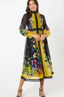High Neck Printed Organza Lace Trim Midi Wedding Guest Dress