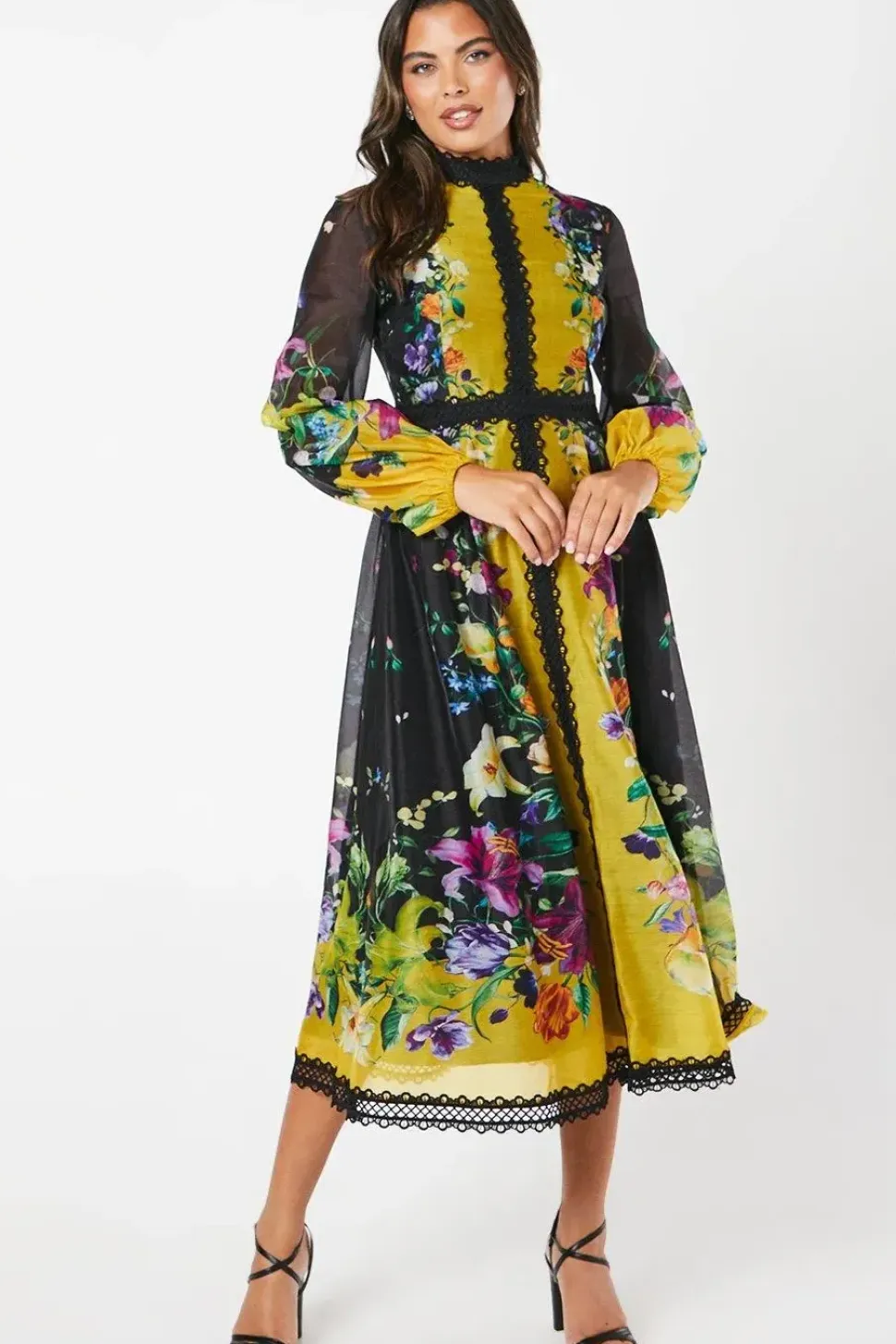 High Neck Printed Organza Lace Trim Midi Wedding Guest Dress
