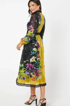 High Neck Printed Organza Lace Trim Midi Wedding Guest Dress