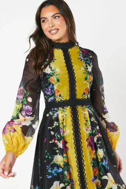 High Neck Printed Organza Lace Trim Midi Wedding Guest Dress