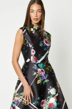 High Neck Printed Twill Midi Dress