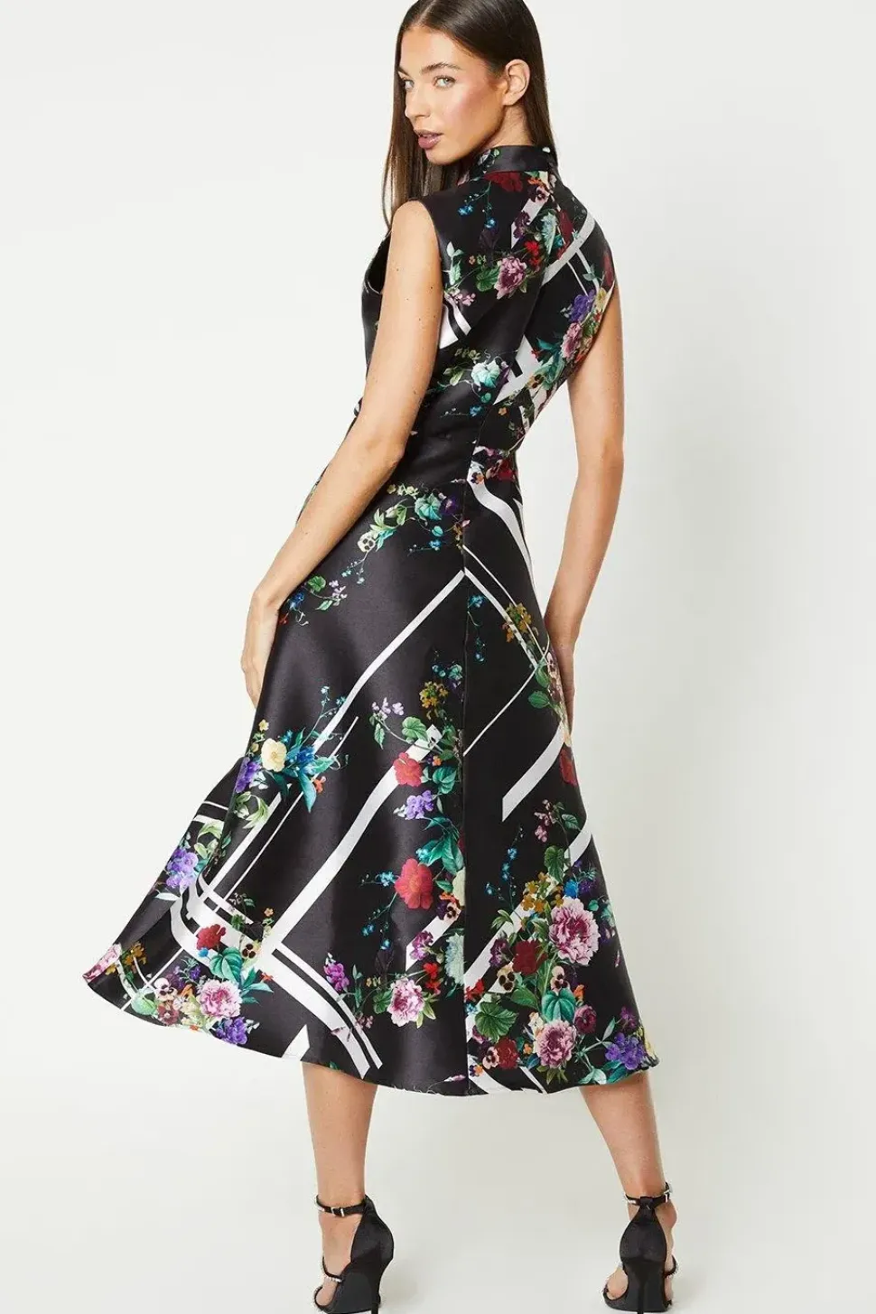 High Neck Printed Twill Midi Dress