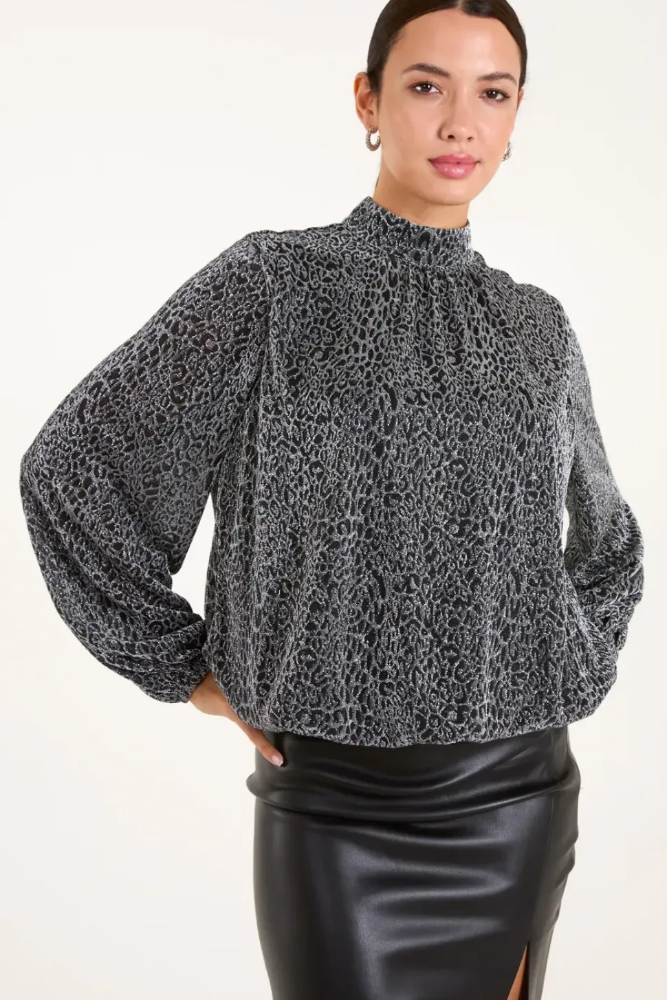 High Neck Puffball Hem Blouse
