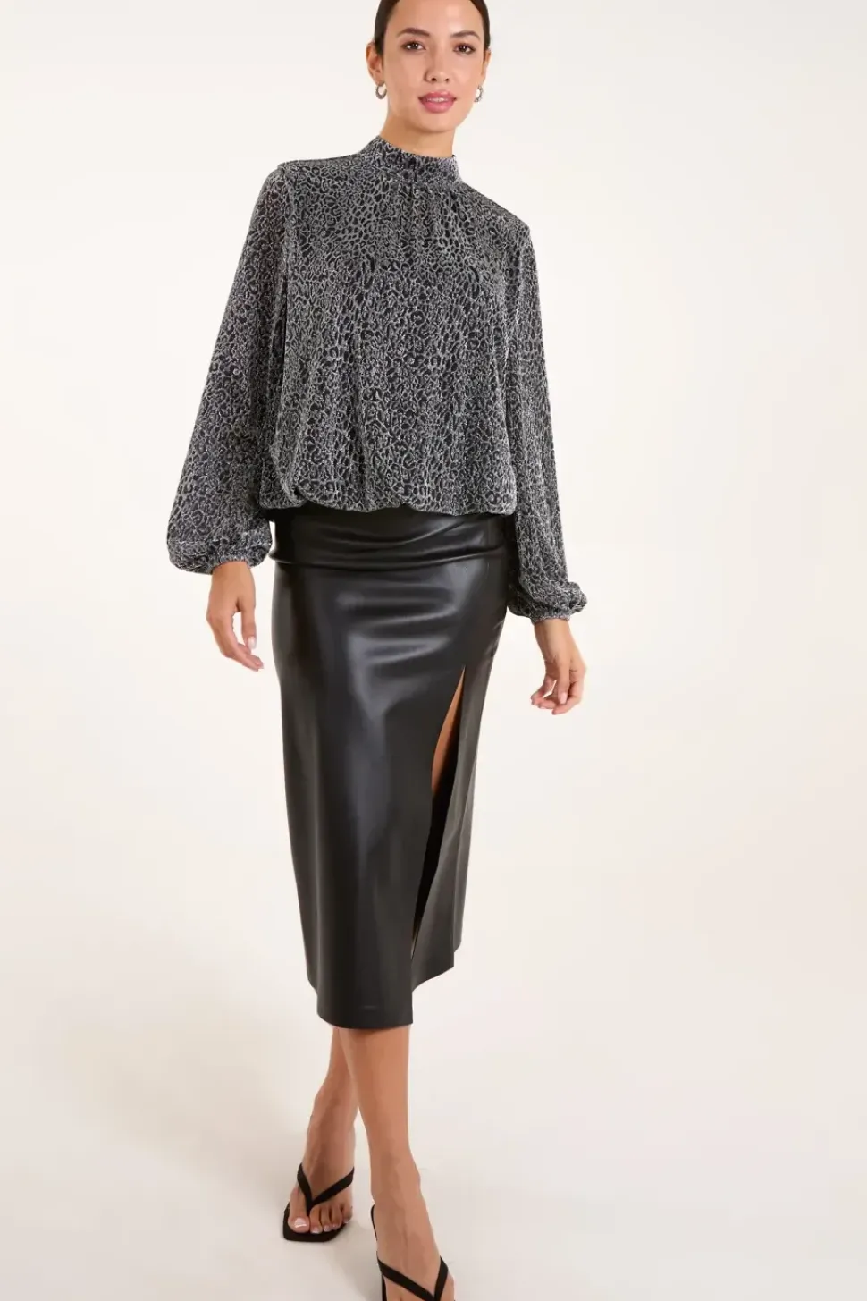 High Neck Puffball Hem Blouse