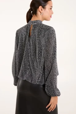 High Neck Puffball Hem Blouse