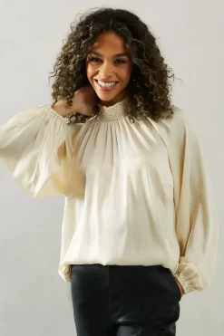 High Neck Satin Blouson Sleeve Blouse