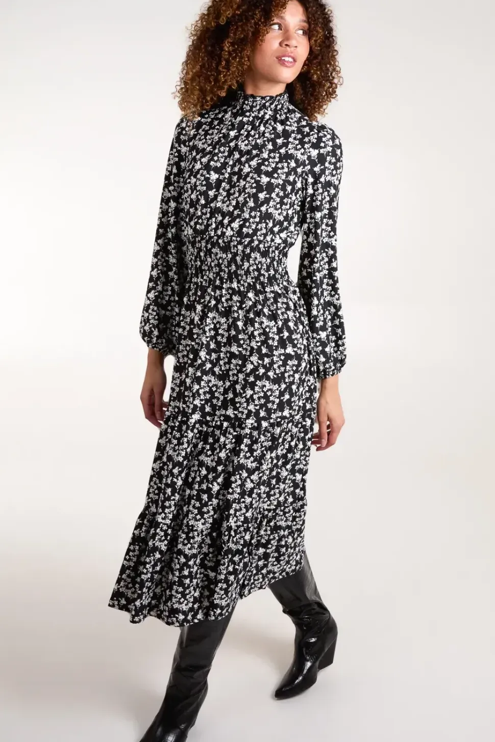 High Neck Shirred Midi Dress