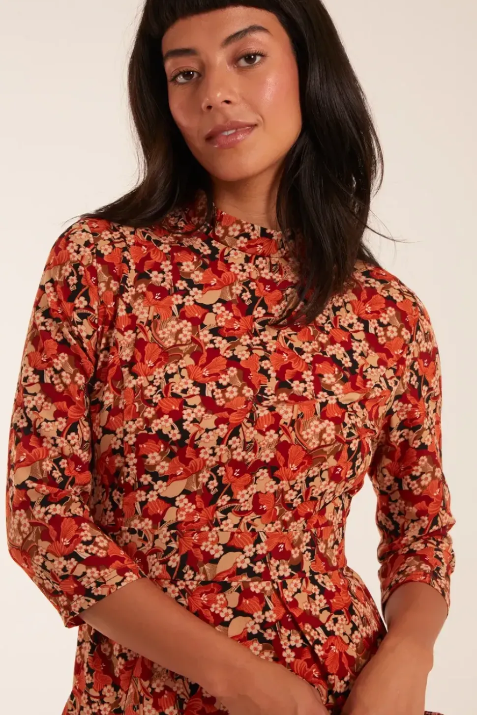 High Neck 3/4 Sleeve Dress With Belt