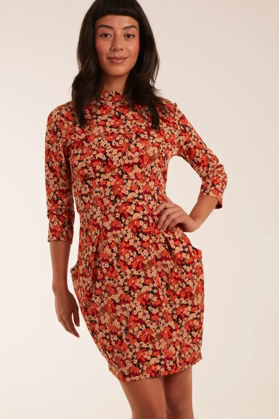 High Neck 3/4 Sleeve Dress With Belt