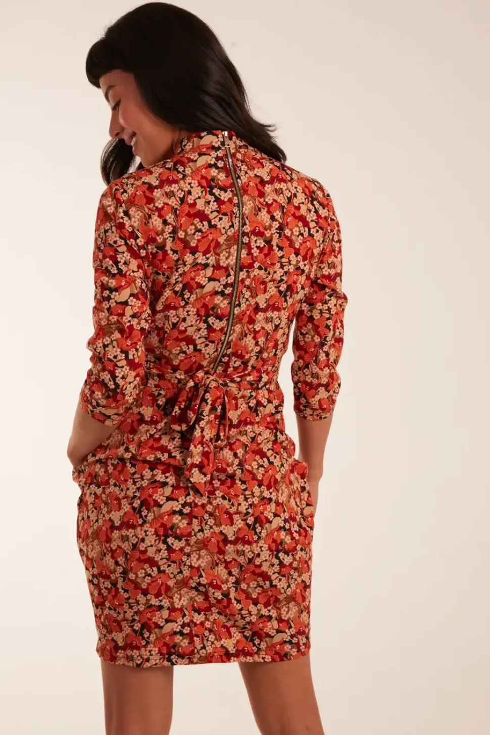 High Neck 3/4 Sleeve Dress With Belt