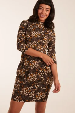 High Neck 3/4 Sleeve Dress With Belt