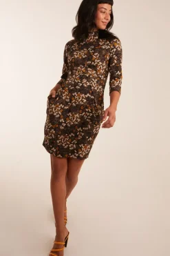 High Neck 3/4 Sleeve Dress With Belt