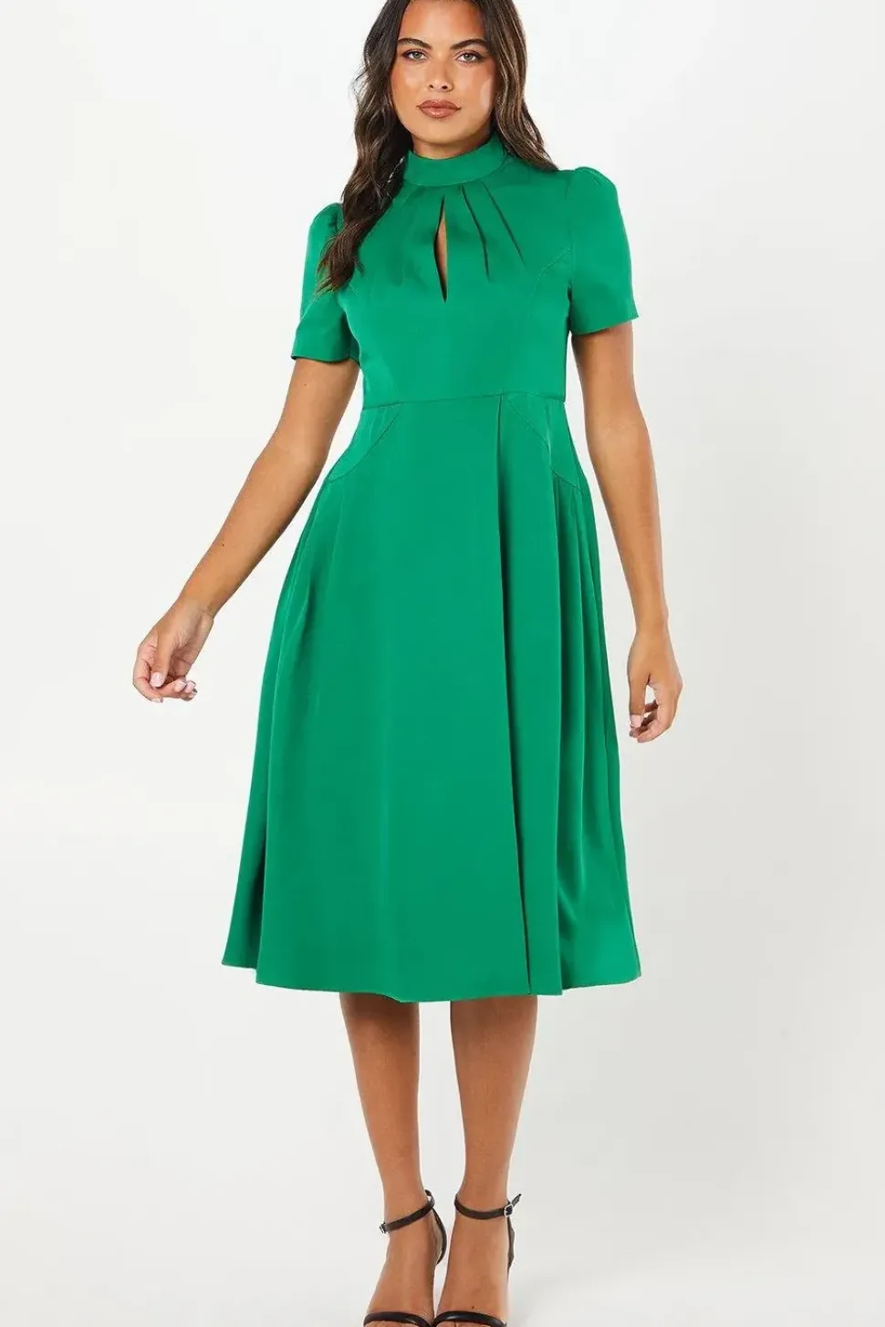 High Neck Stretch Crepe Full Skirt Midi Wedding Guest Dress