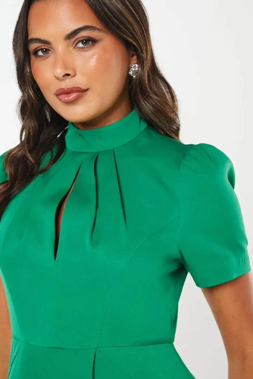 High Neck Stretch Crepe Full Skirt Midi Wedding Guest Dress