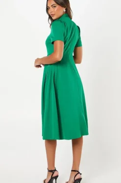 High Neck Stretch Crepe Full Skirt Midi Wedding Guest Dress