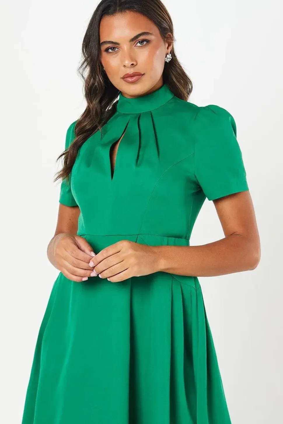 High Neck Stretch Crepe Full Skirt Midi Wedding Guest Dress