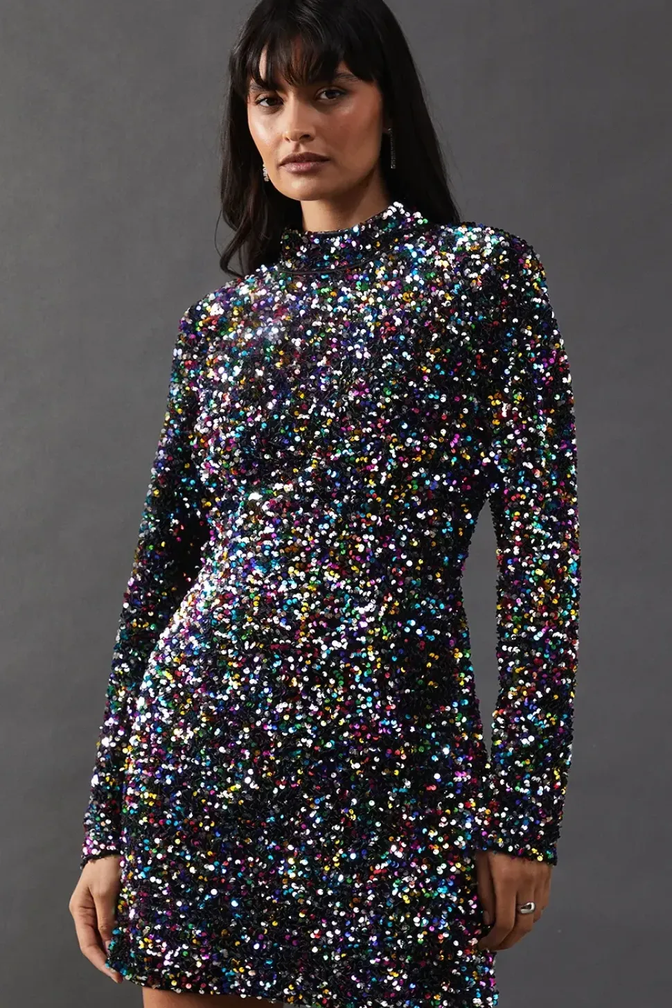 High Neck Velvet Sequin Cutout Back Mini Dress