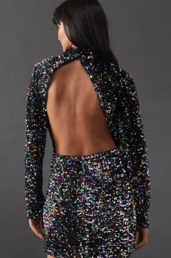 High Neck Velvet Sequin Cutout Back Mini Dress
