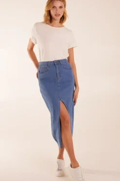 High Rise Denim Midi Skirt