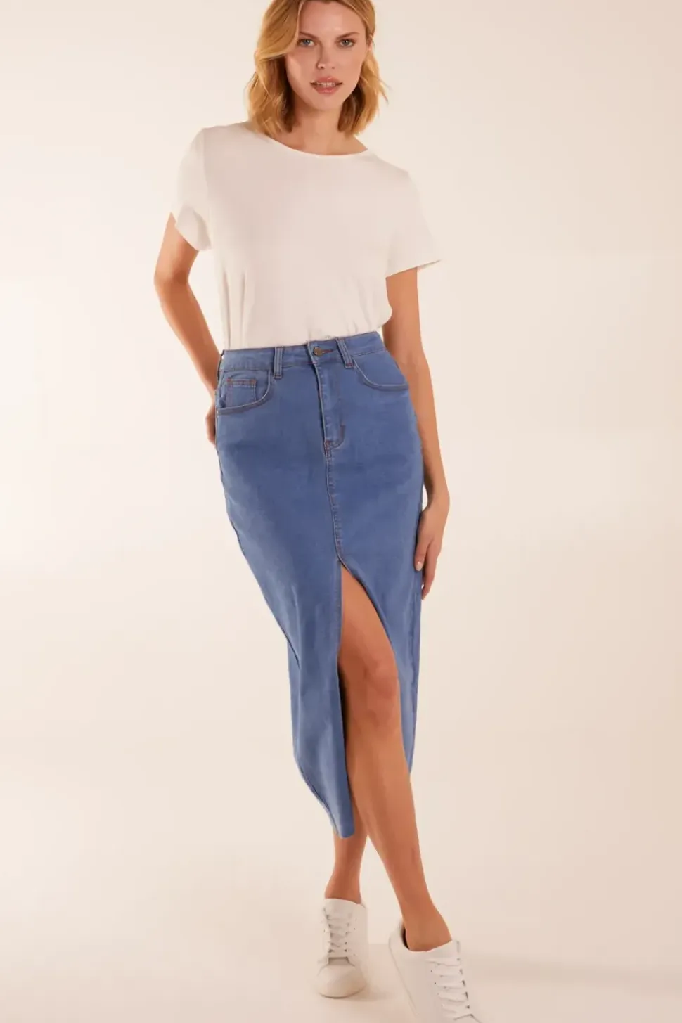 High Rise Denim Midi Skirt