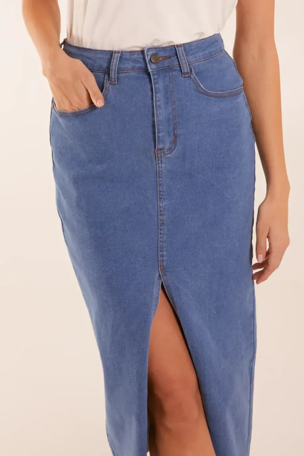 High Rise Denim Midi Skirt