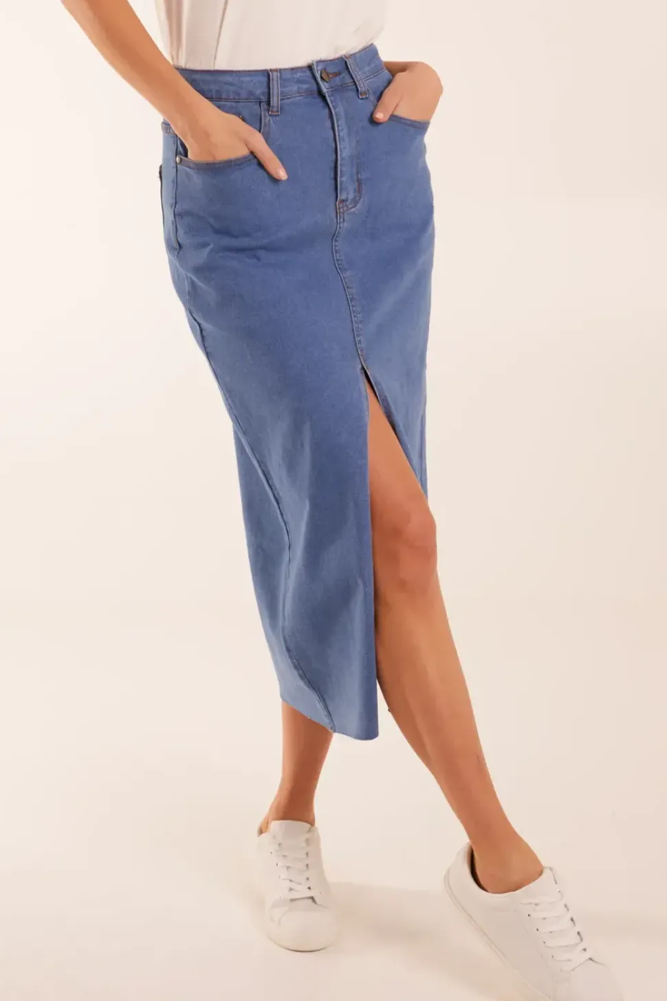 High Rise Denim Midi Skirt