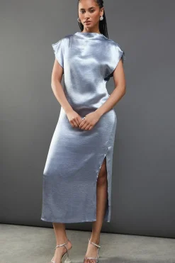 High Shine Metallic Grown On Sleeve Midi Dress