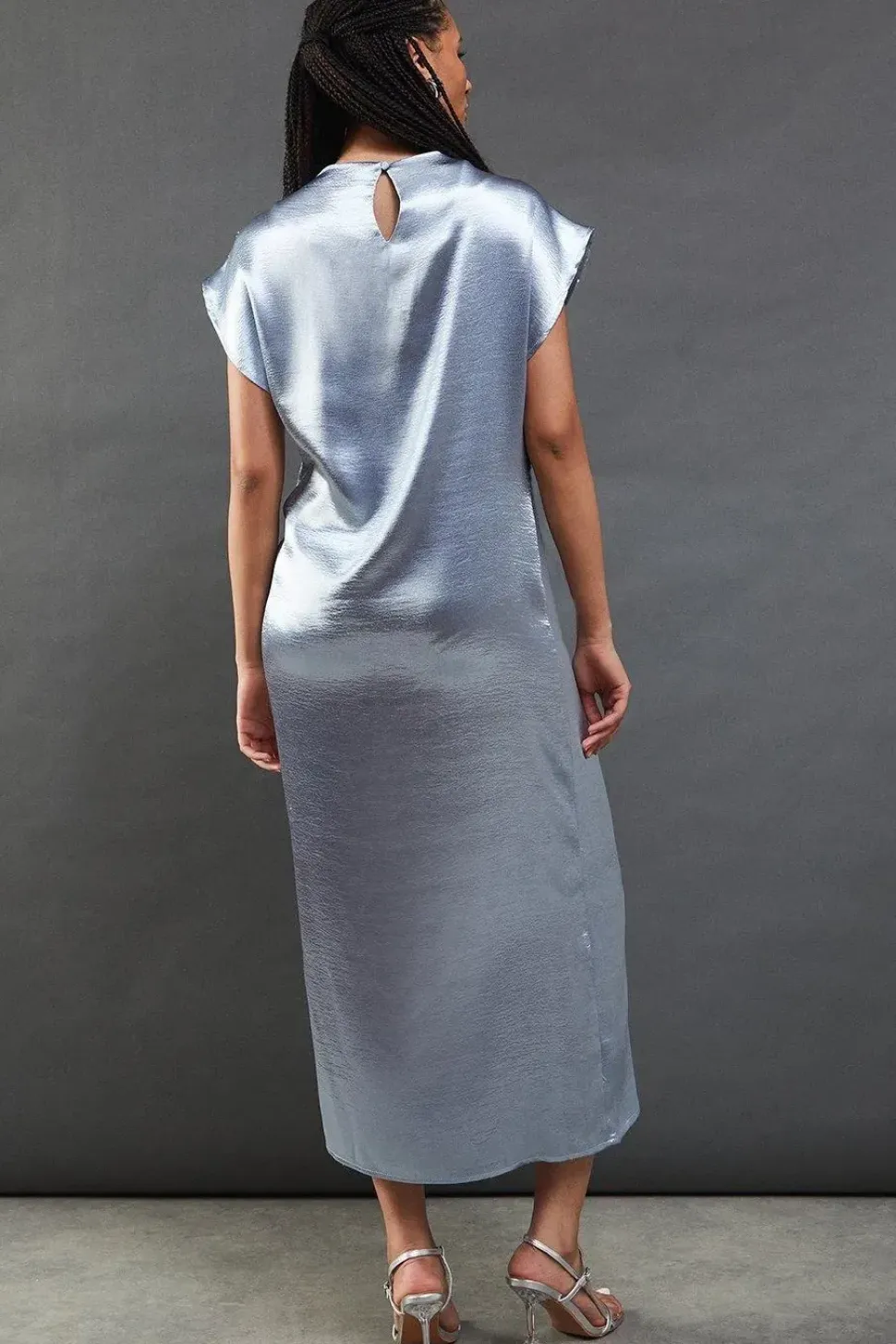 High Shine Metallic Grown On Sleeve Midi Dress