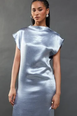 High Shine Metallic Grown On Sleeve Midi Dress