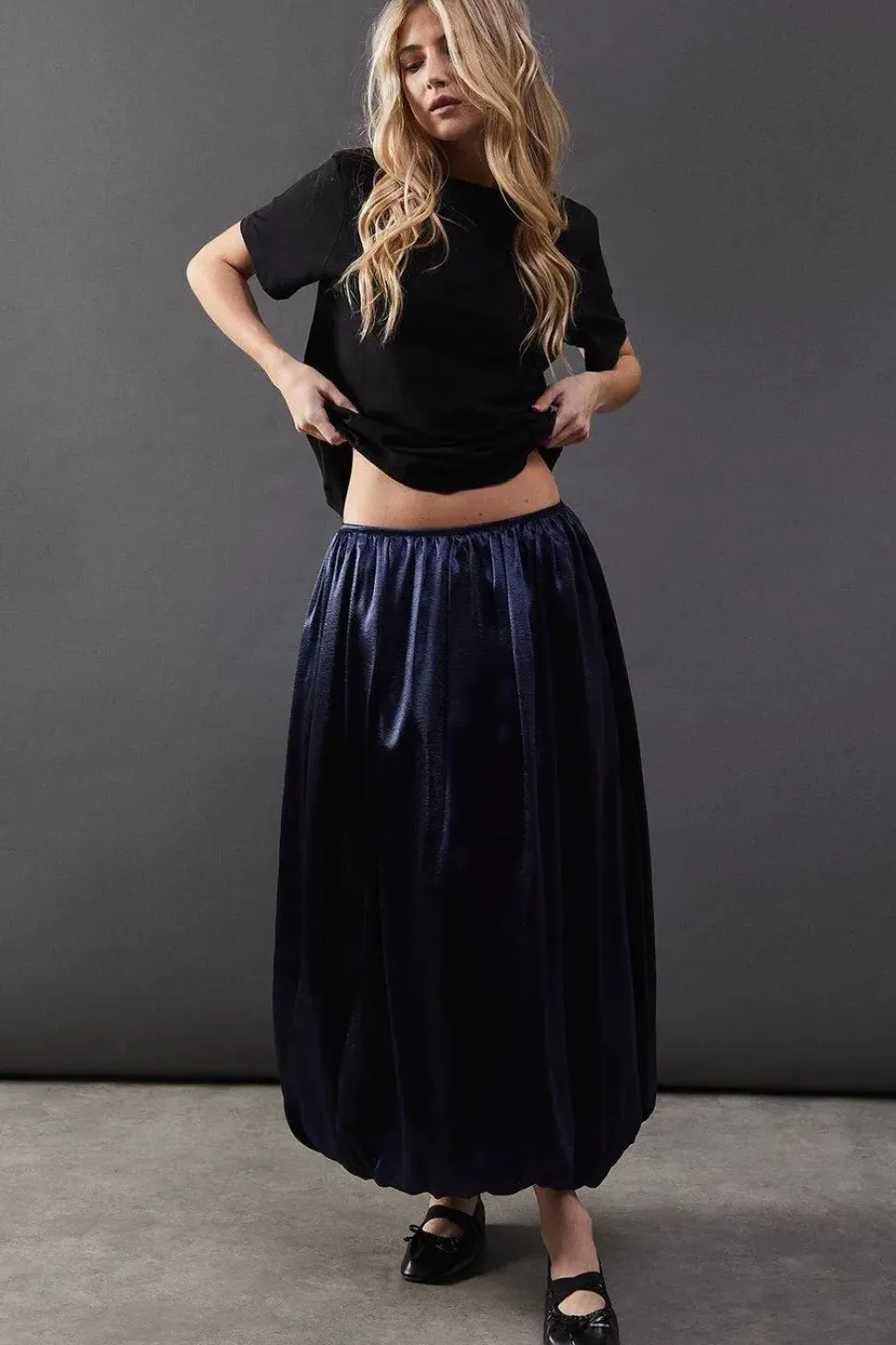 High Shine Metallic Puff Ball Midi Skirt