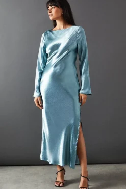 High Shine Metallic Satin Column Midi Dress